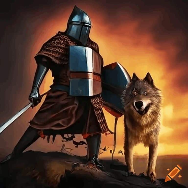 medieval soldier with war wolf